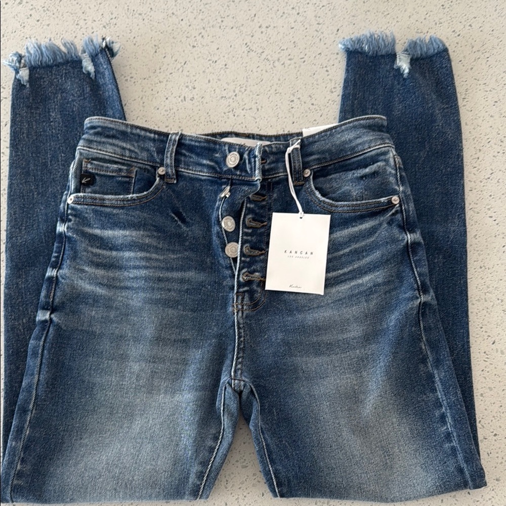 KanCan Blue Ankle Cropped Jeans with High Rise and Distressed Hem
